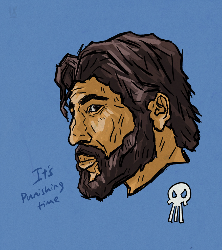 daxa art commission, punisher, side face of man with long hair and beard, floating text says It's Punishing Time, stylized skull drawing