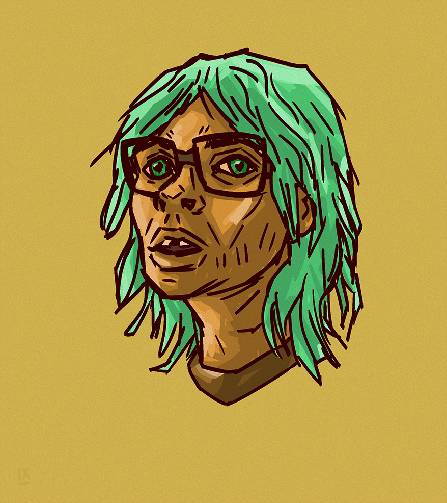 art commission of woman, cool futuristic style, handdrawn, wearing glasses and green hair