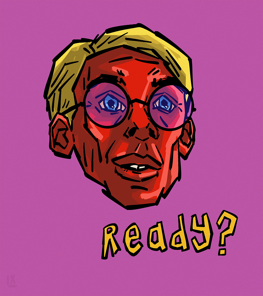 cartoon style art commission, red face man, speech quote says Ready?